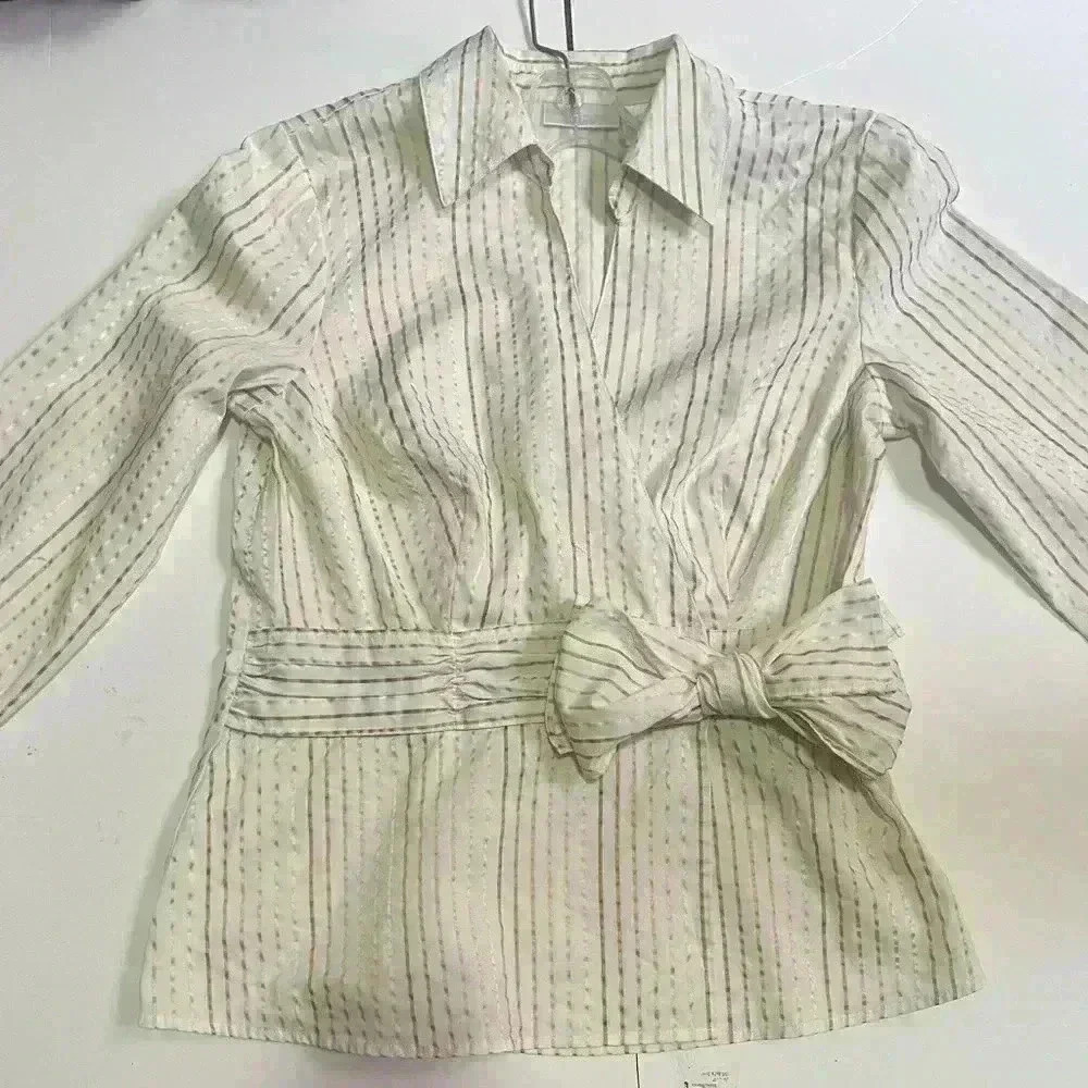 Vintage Striped Button-Up  Blouse with Waist Tie
